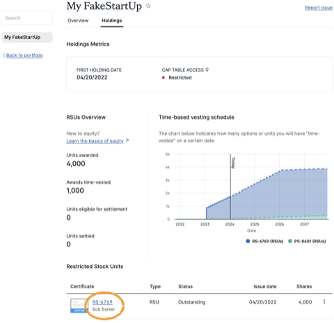 Thumbnail of the Carta holdings page with RSU overview and certificates table.